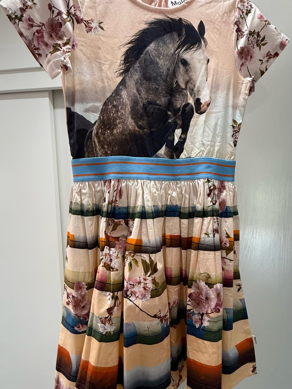 NEW Molo Pink Floral Horse Print Dress with Blue Waistband